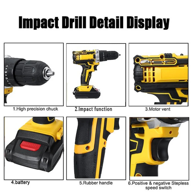 25+3 Torque Impact Drill Electric Screwdriver Cordless Electric Hammer Drill Driver 2 Gear Speed Lithium-Ion Battery Power Tools