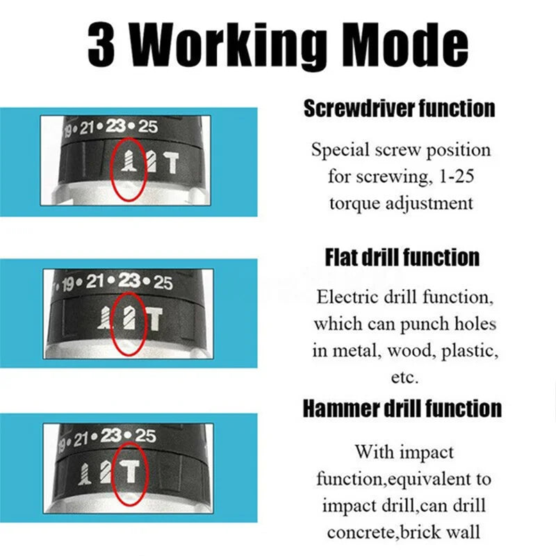 25+3 Torque Impact Drill Electric Screwdriver Cordless Electric Hammer Drill Driver 2 Gear Speed Lithium-Ion Battery Power Tools