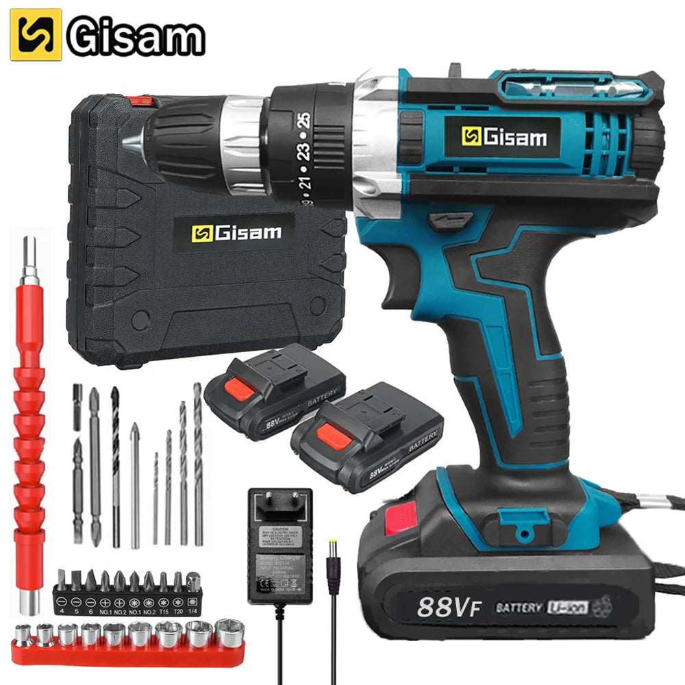 25+3 Torque Impact Drill Electric Screwdriver Cordless Electric Hammer Drill Driver 2 Gear Speed Lithium-Ion Battery Power Tools