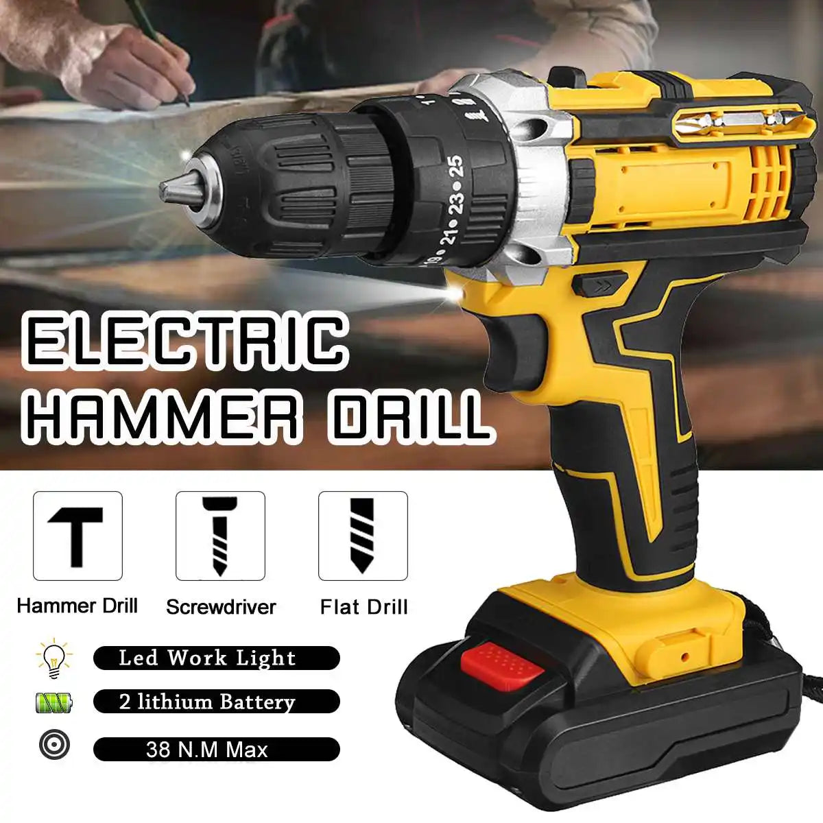 25+3 Torque Impact Drill Electric Screwdriver Cordless Electric Hammer Drill Driver 2 Gear Speed Lithium-Ion Battery Power Tools