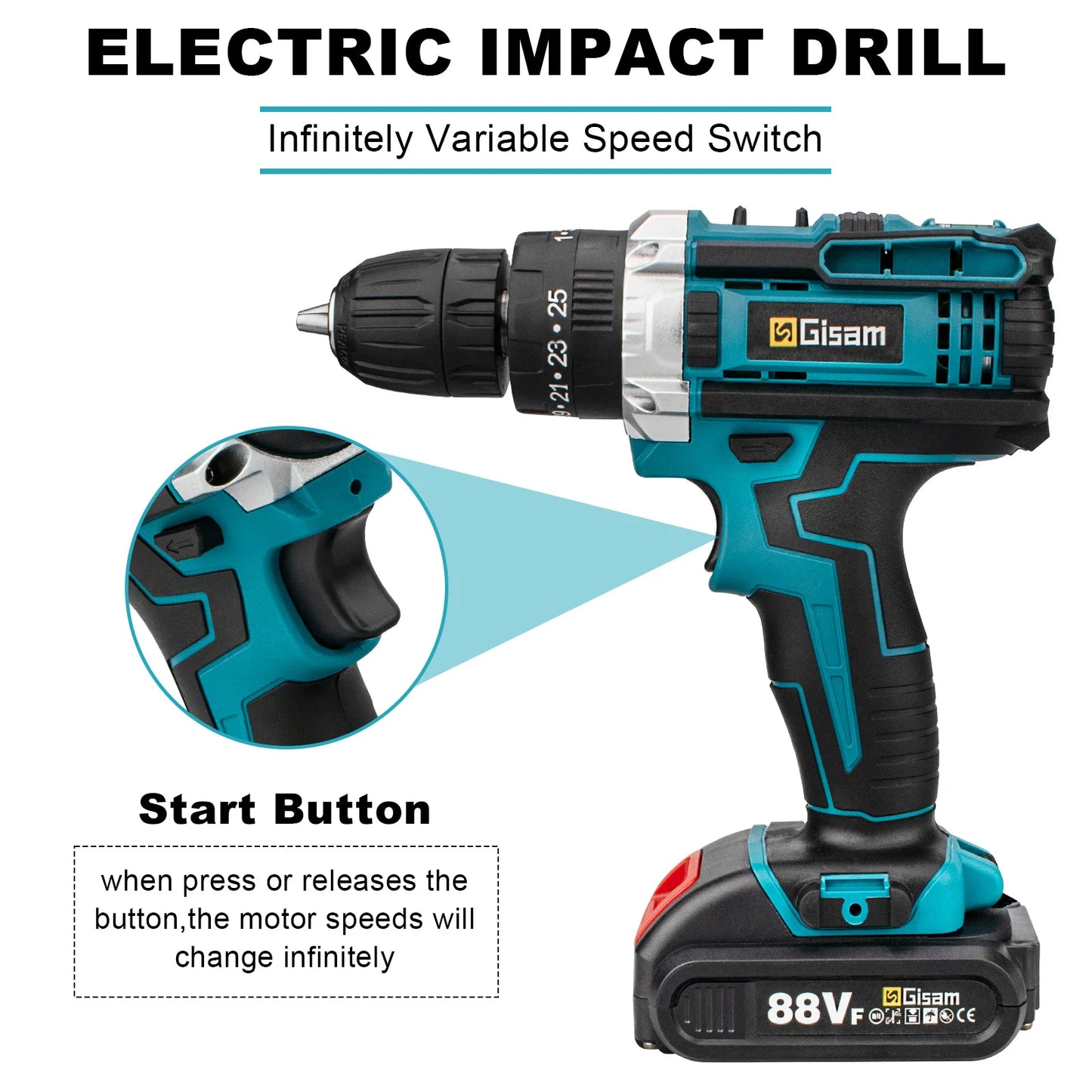 25+3 Torque Impact Drill Electric Screwdriver Cordless Electric Hammer Drill Driver 2 Gear Speed Lithium-Ion Battery Power Tools