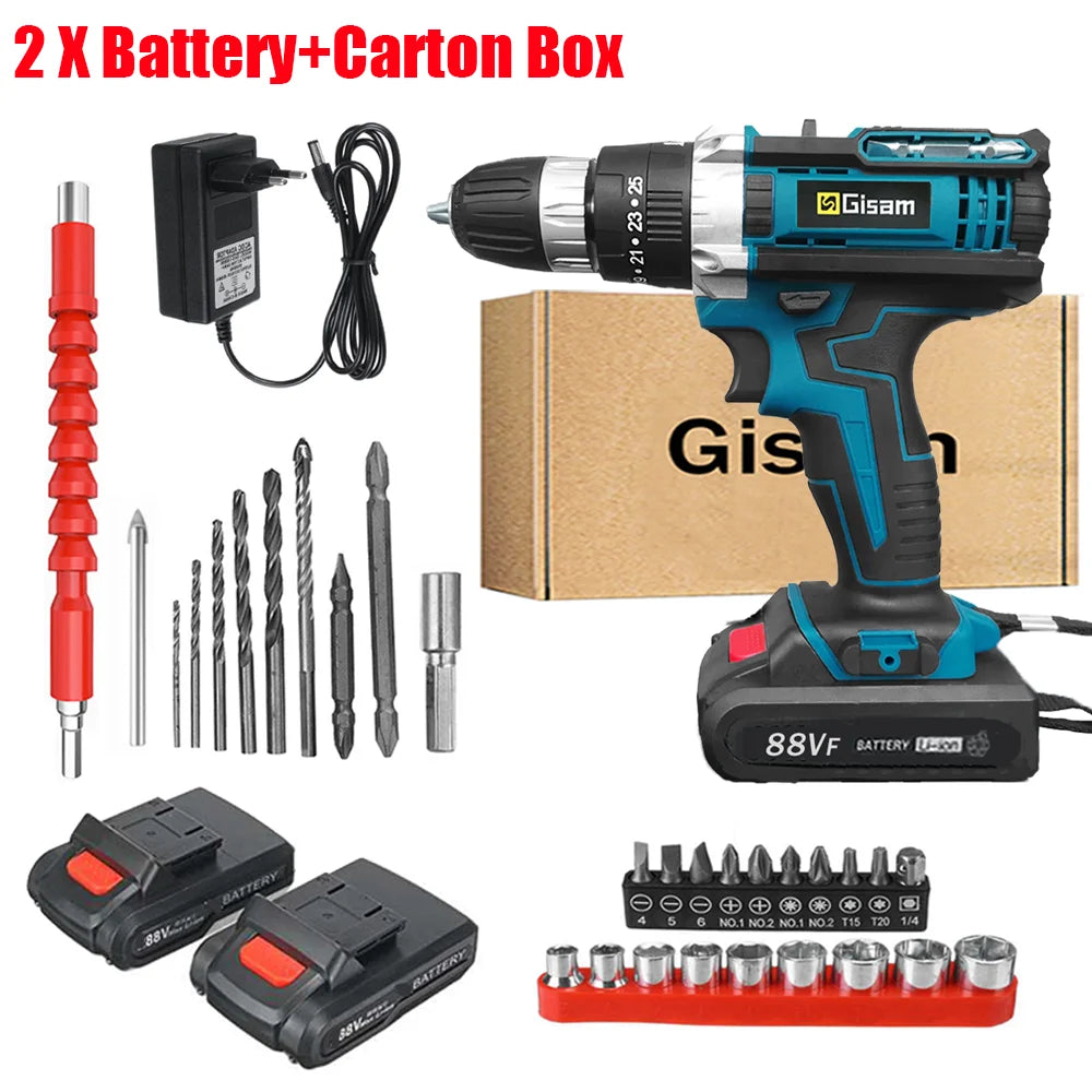 25+3 Torque Impact Drill Electric Screwdriver Cordless Electric Hammer Drill Driver 2 Gear Speed Lithium-Ion Battery Power Tools