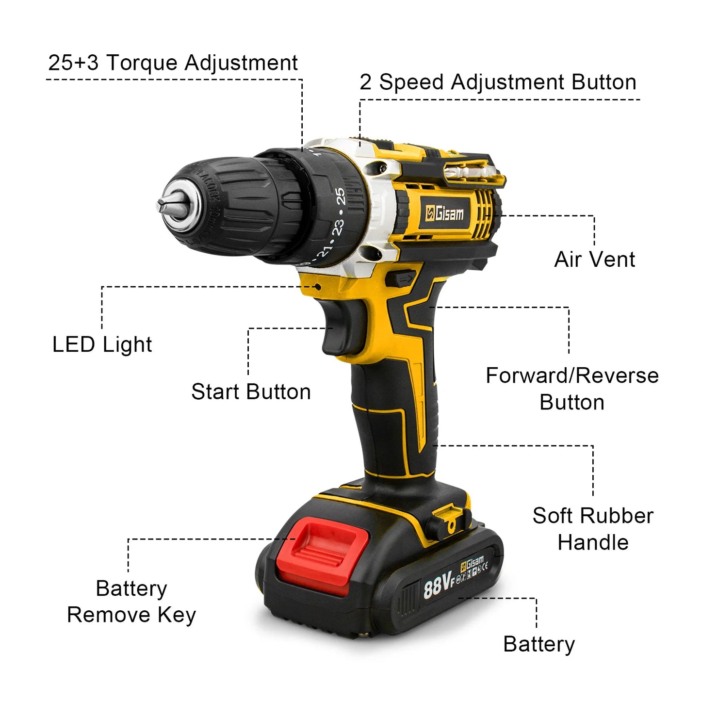 25+3 Torque Impact Drill Electric Screwdriver Cordless Electric Hammer Drill Driver 2 Gear Speed Lithium-Ion Battery Power Tools