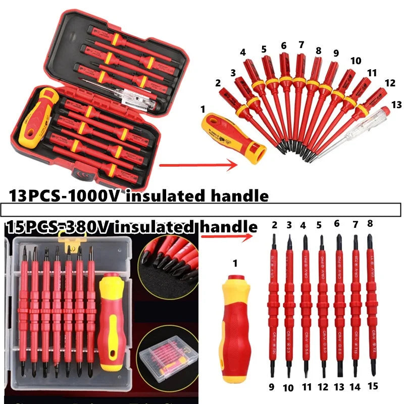15PCS 380V/13PCS 1000V Changeable Insulated Screwdriver Set And Magnetic Slotted Bits Repair Tool Electrician Tools отвертка