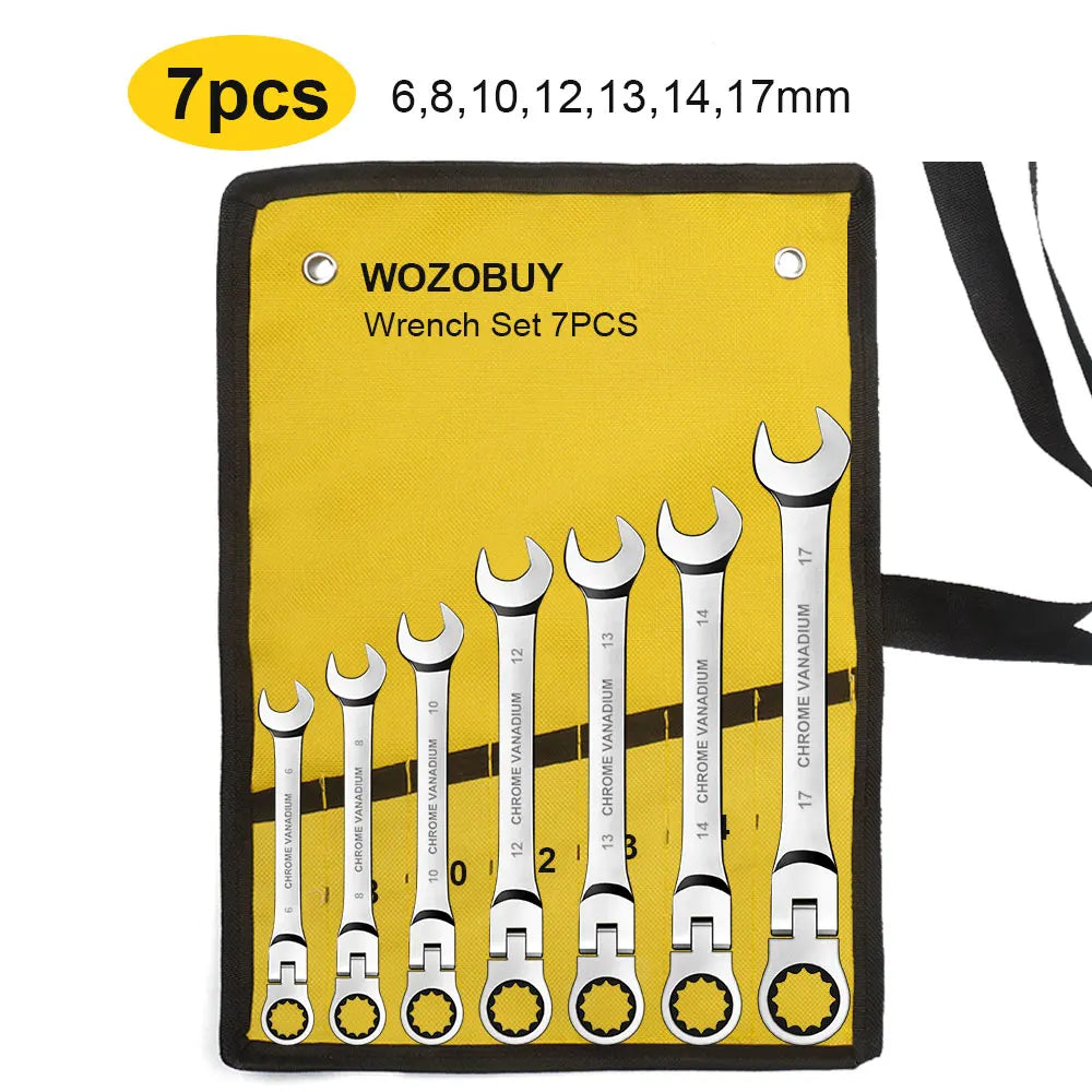 WOZOBUY Flex Head Ratcheting Wrench Set- Metric Ratchet Combination Wrenches CrV Gear Spanner Set Car Key Wrench Repair Tool Set