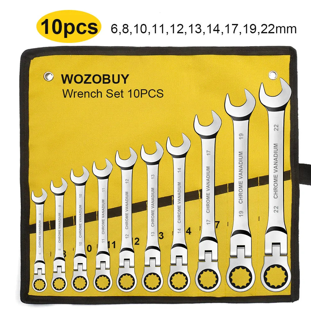 WOZOBUY Flex Head Ratcheting Wrench Set- Metric Ratchet Combination Wrenches CrV Gear Spanner Set Car Key Wrench Repair Tool Set