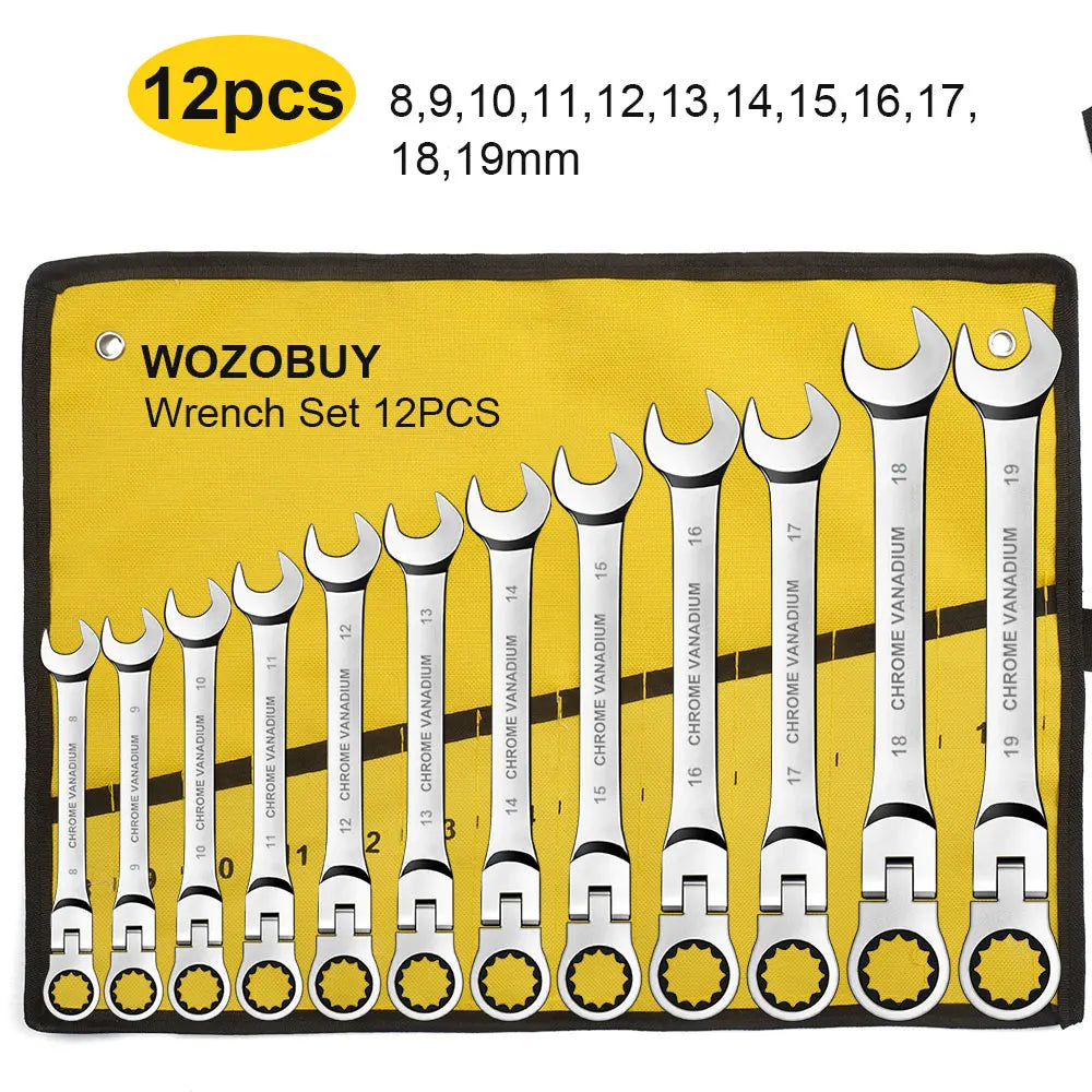 WOZOBUY Flex Head Ratcheting Wrench Set- Metric Ratchet Combination Wrenches CrV Gear Spanner Set Car Key Wrench Repair Tool Set